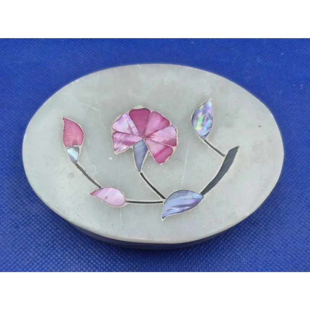 Vintage Mother of Pearl Inlay Alabaster Lidded Oval Trinket Box 4.25x3